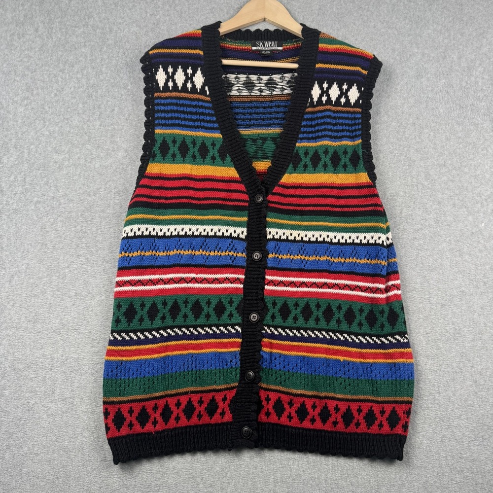 VTG SK Wear Sweater Vest Womens Large Multicolor Fair Isle Geometric Knit V Neck